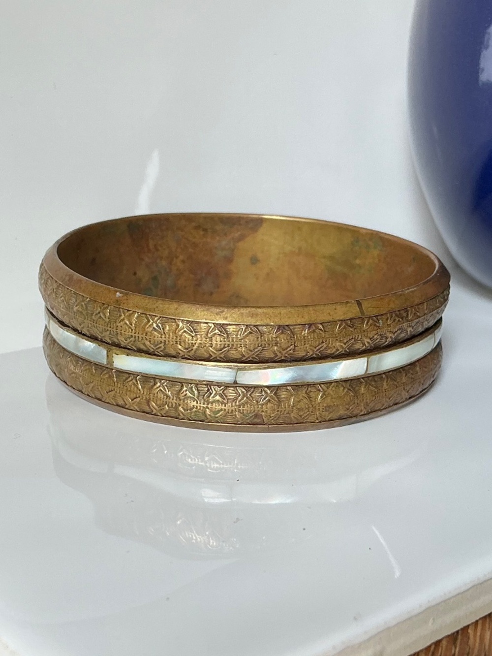 Vintage 70s Brass Mother of Pearl Inlay Bangle Bracelet Boho